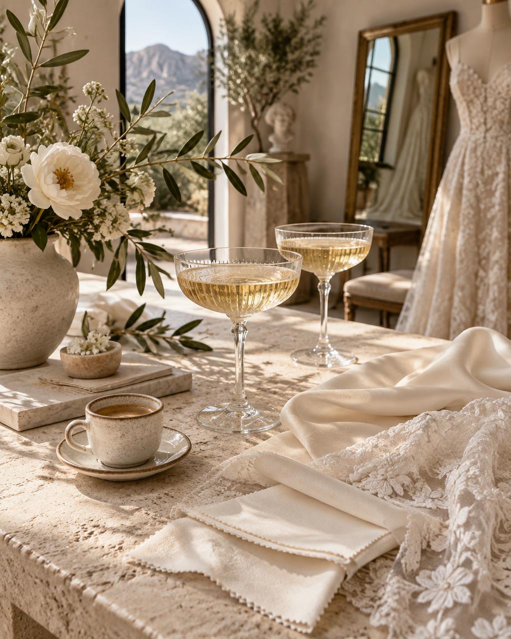 Champagne, coffee and ivory fabrics: the mood of a bridal fitting