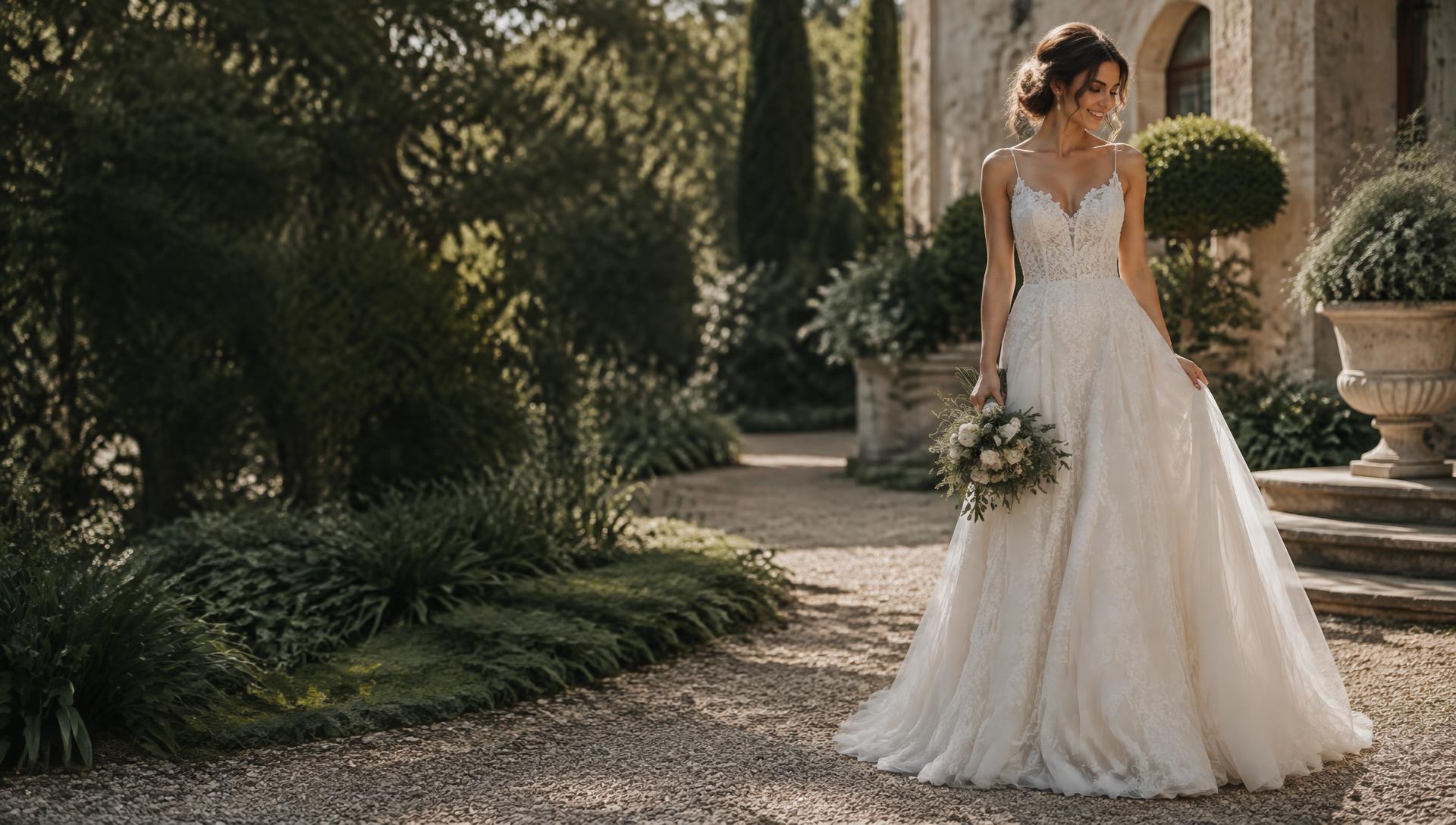Bridal inspiration: a flowing ivory lace wedding dress in a sunlit garden